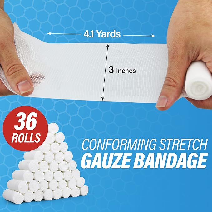 Gauze Rolls –36 Rolls- Premium First Aid Supplies for Safe Adventuring–Flexible, Stretchable, Breathable Gauze Bandage Rolls – 3” x 4.1 Yards Bandage Wrap for Wound Dressing