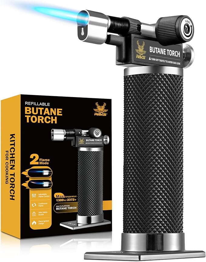 RAVS Butane Torch Lighter, DUAL Flame Mode Kitchen Torch, Refillable Cooking Torch Gun, Creme Brulee Torch Lighter, Blow Torch for Cooking, Welding, Mini Torch Soldering Torch, Butane is Not Included