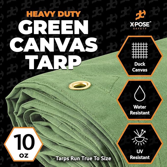 Xpose Safety Canvas Tarp - 10oz Green Canvas Tarps Heavy Duty Water Resistant with Brass Grommets- Multipurpose Outdoor Tarpaulin for Camping, Canopy, Trailer, Equipment Cover 6' x 8' (2 Pack)