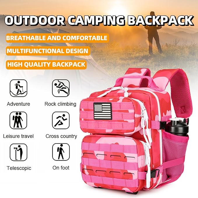 9L Mini Tactical Backpack 9L Assault Pack 9L Tactical Backpack Hiking Fitness Backpack(Rose red cp)