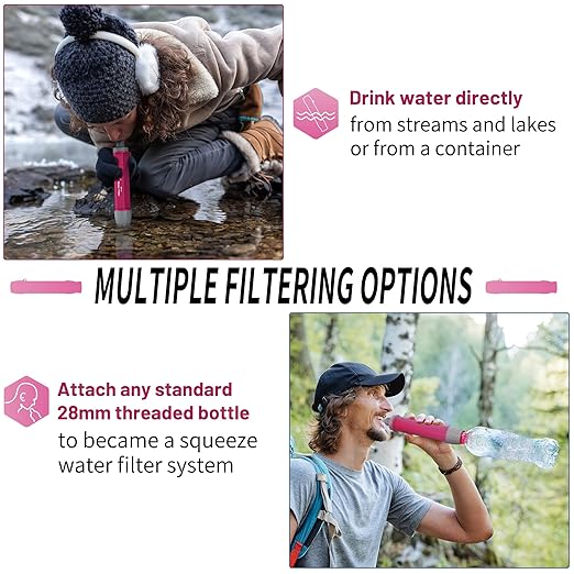 YWF01 Personal Filter Straw for Drinking Survival, Portable Water Purifier Filtration System Survival Gear and Supplies for Camping, Hiking, Travel, and Emergency Preparedness (Plum Red, Pack of 4)