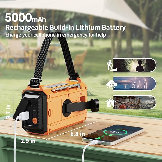 5000 Emergency Weather Radio with AM/FM/NOAA/SW, 5 Ways Powered Solar Hand Crank Alert Radio with LCD Display&SOS, Portable Radio with Cellphone Charger, Flashlight, Reading Lamp, Headphone Jack