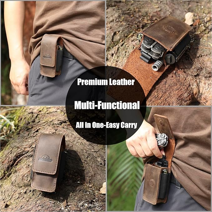 Topstache Leather Multitool Sheath for Belt - Multitool Holster for Belt - Multitool Pouch Fits Folding Tool - Magnetic Closure EDC Belt Organizer - EDC Belt Pouch - Multitool Holder, DarkBrown