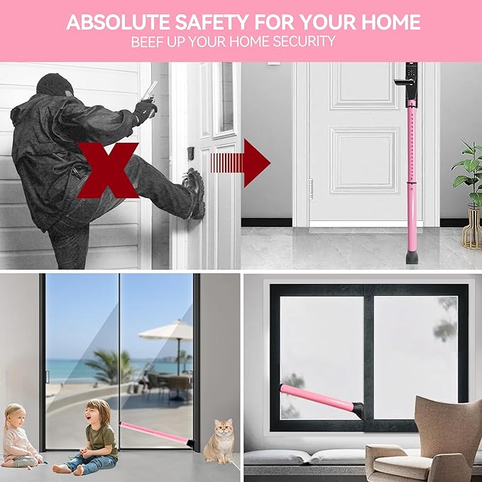 AceMining Upgraded Door Security Bar & Sliding Patio Bar, Heavy Duty Stoppers Adjustable Jammer for Home, Apartment, Travel (1 Pack,Pink)