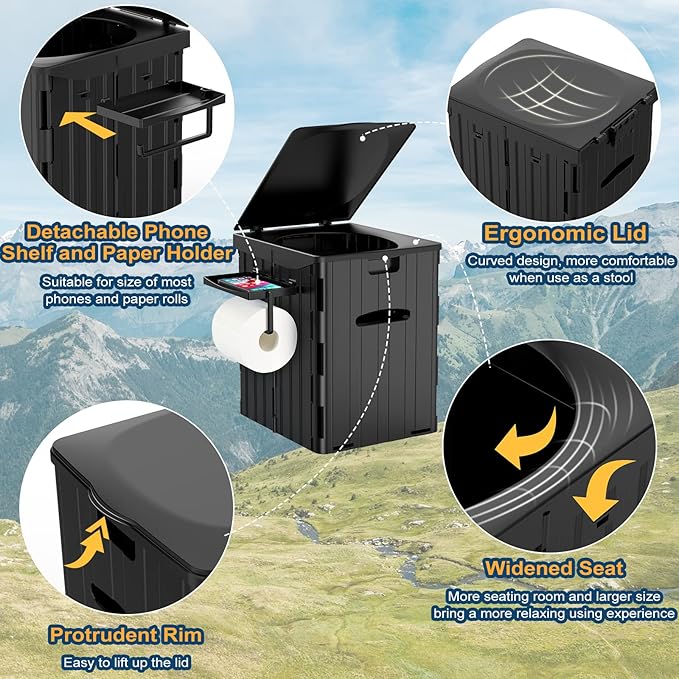 XL Portable Toilet for Adults, 15.4" H Foldable Camping Toilet with Detachable Phone Shelf and Toilet Paper Holder, Waterproof Porta Potty with Lid for Hiking, Long Road Trips, Car