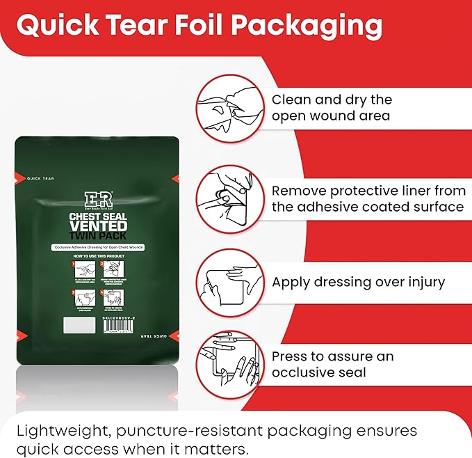 Vented Chest Seal with Quick Tear - 6.6” Square Occlusive Adhesive Dressing for Open Chest Wounds - 6-Pack (12-Counts)