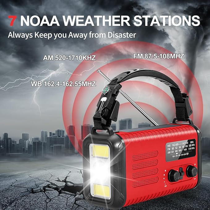 20000mAh/74000mWh Emergency Hand Crank Radio, NOAA Weather Radio with Am Fm NOAA, Solar Battery Operated Radios with Flashlight Cell Phone Charger, SOS Alarm, Compass &Reading lamp (Red)