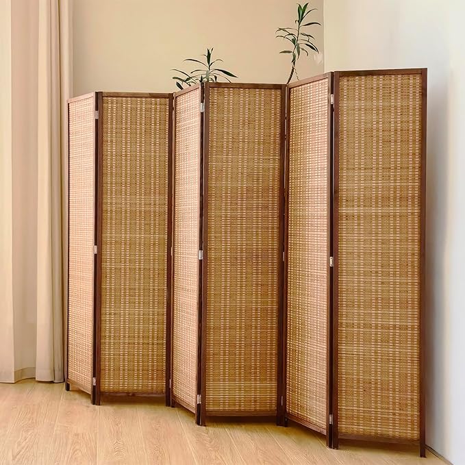 6 Panel Bamboo Room Divider, 5.6 FT Tall Folding Privacy Screen, Freestanding for Room Separation, Brown