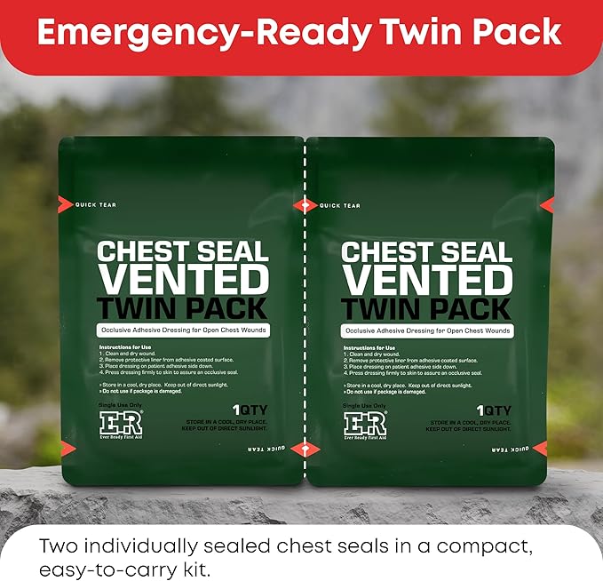 Vented Chest Seal with Quick Tear - 6.6” Square Occlusive Adhesive Dressing for Open Chest Wounds - 6-Pack (12-Counts)