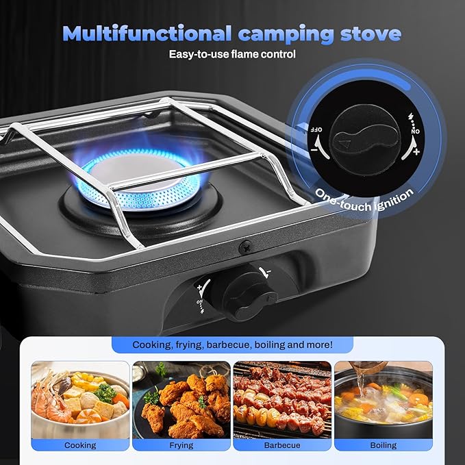 Adjustable 2-Burner Portable Stove with 16000 BTU, with Camping Grill and Carrying Bag, Portable Propane Camp Stove with 2 Burners & Piezo Ignition for Camping, Backyard BBQ,Tailgating (Black)