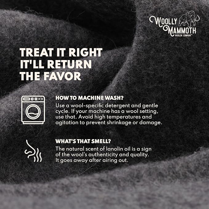 Woolly Mammoth Wool Blanket - Warm Thick 50% Wool Blanket - Machine-Washable Picnic, Travel & Winter Outdoor Throw, 85"x47" Grey