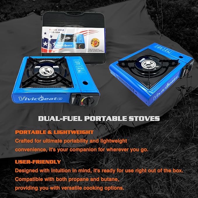 Vivicreate 7000 BTU Portable Butane Gas Stove for Camping Cooking Outdoor, Lightweight Portable Stove Burner with Auto Ignition, Estufa de Gas PortĆ”til para Camping al Aire Libreļ¼Blueļ¼