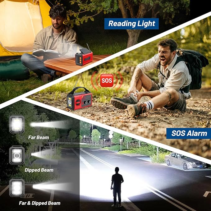 30000mAh Hand Crank Emergency Radio - Solar Portable Weather Radio AM FM NOAA with 3 Mode Flashlight & Reading Lamp, Headphone Jack, Cell Phone Charger, SOS for Emergency, Red