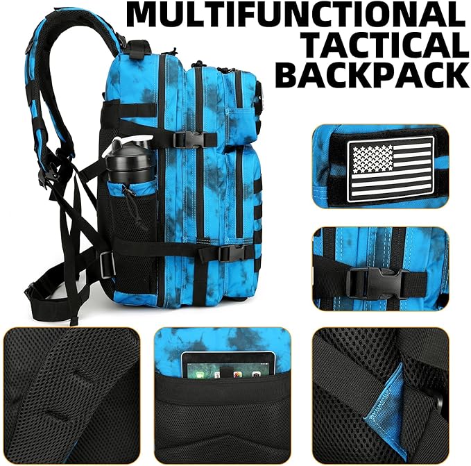 25L Tactical Backpack Military Tactical Backpack for Men and Women Small Assault Pack Outdoor Travel Hiking Camping Rucksack with Molle Webbing (Blue Water Pattern)