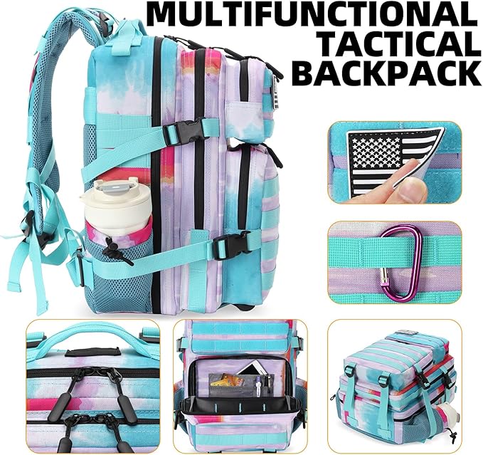 25L Tactical Military Backpack Small Travel Backpack for Men and Women Assault Pack Bug Out Bag Molle Daypack Gym Backpack with Bottle Holder (Rainbow Tie Dye)