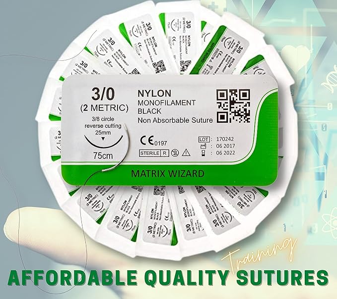 3-0 Sterile Sutures Thread with Needle (Black Monofilament) - Medical and Nursing Student's Surgical Practice Suture Kit, Training with Stitching Pad, First Aid Field Emergency Demo, Vet Use