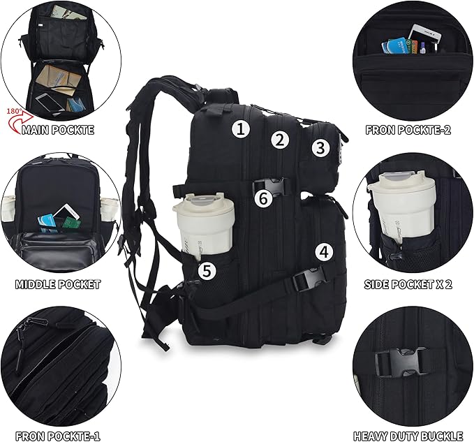 25L Tactical Backpack Small Military Tactical Backpack Molle Bag Heavy Duty Assault Pack for Work Gym Outdoors (Black)
