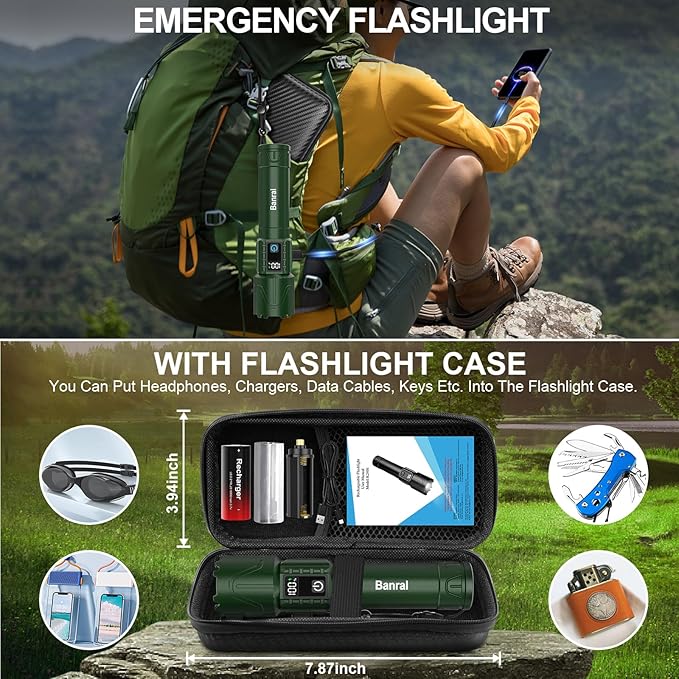 Rechargeable Flashlights High Lumens - Super Bright LED Tactical Flash Light, Powerful Waterproof Handheld USB C Flashlight for Camping,Emergencies,Home,5 Modes,Zoomable (1, Green)