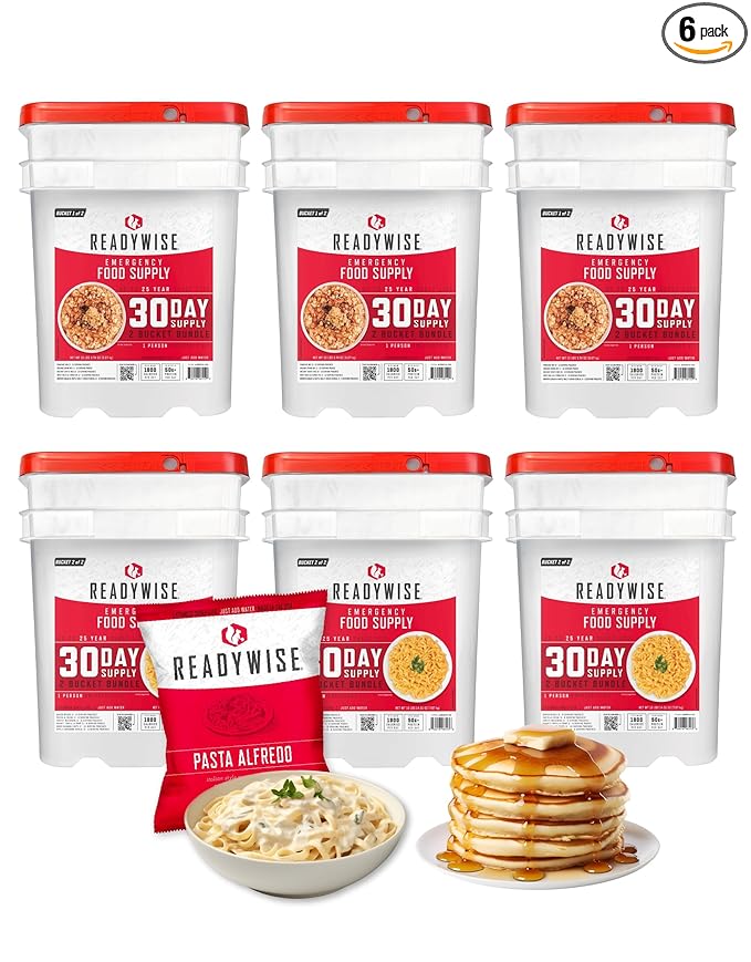ReadyWise 3 Month Emergency Food Supply - 894 Servings, 6 Buckets, Freeze Dried Protein Meals, Disaster Survival Food Storage Kit, Ready to Eat, Camping Essentials, up to 25 Year Shelf Life