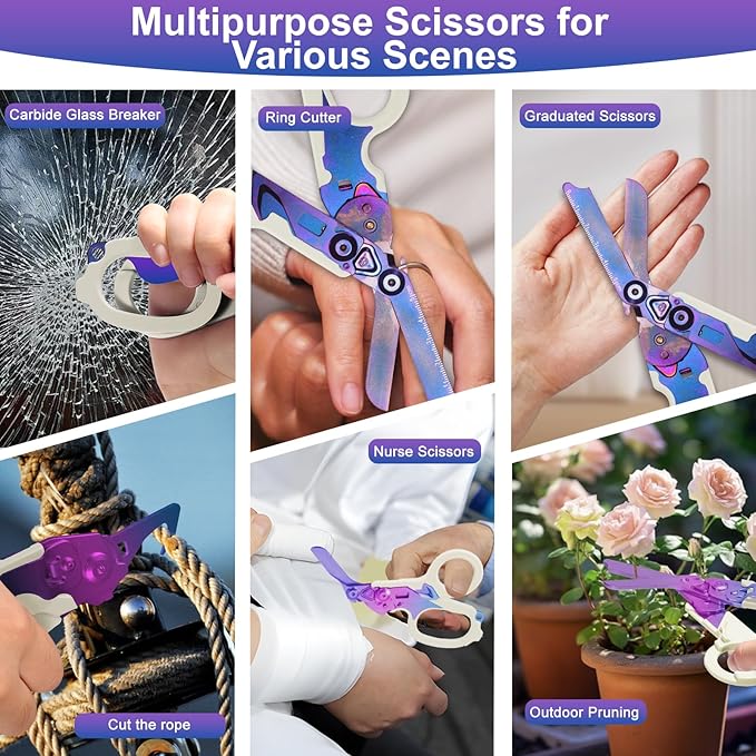 6 in 1 trauma shears, folding emergency shear, Outdoor Camping Tools, Seat Belt Cutter, Oxygen Cylinder Wrench, Complimentary Adjustable Wrench (Luminous Purple)