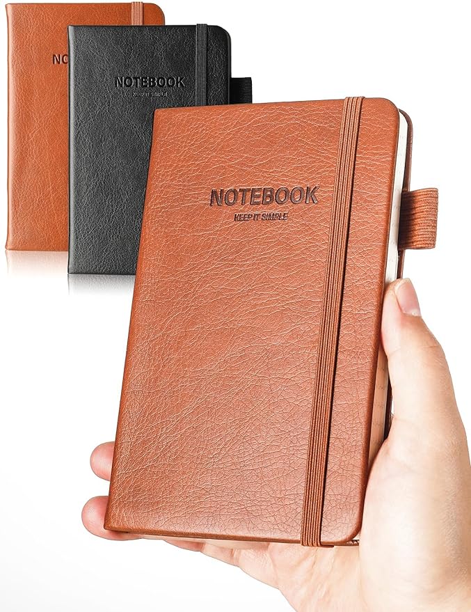 AISBUGUR Pocket Notebook Small Notebook 2-Pack, 3.5" x 5.5" Pocket Notebooks Hardcover with Thick Lined Paper, Inner Pockets, Cover Letter Embossing Design Mini Journal Notepad 1Black 1Brown