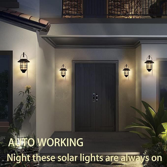 2 Pack Solar Lights Outdoor Lanterns,Waterproof Hanging Solar Lights Lantern Glass Metal with Wall Mount Kit, Garden Lanterns Solar Powered for Outdoor, Fence, Front Porch Exterior Lighting