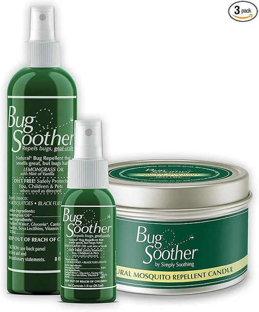 Bug Soother Candle - Natural Insect, Gnat and Mosquito Repellent Candle, 8 oz + 1oz Bottle of Bug Spray Deterrent - Safe for Adults, Kids, Pets, Environment - Made in USA