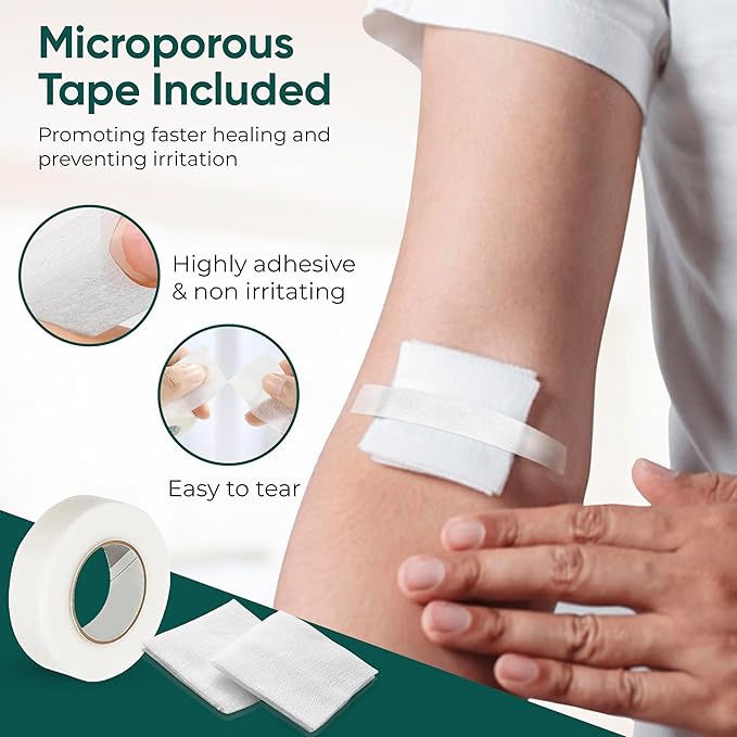 100 pc Large Gauze Pads 4x4 Sterile for Wounds Bulk | Includes 15 Alcohol Wipes & 1 Medical Tape | Non Stick Gauze Pads Sponges | Breathable Mesh First Aid Medical Supplies for Wound Care