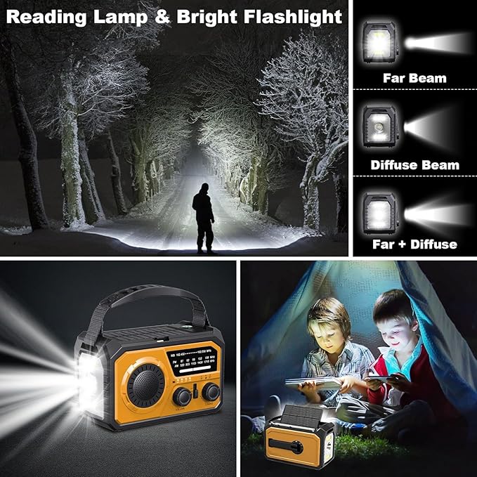16000mAh Hand Crank Emergency Weather Radio with Wireless Speaker, 59200mWh NOAA AM FM Solar Radio with Flashlight Cell Phone Charger Reading Lamp Compass SOS for Camping and Survival (Yellow)