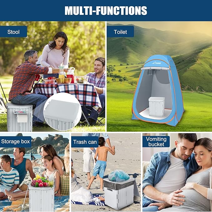 XL Portable Toilet for Adults, 15.4" H Foldable Camping Toilet with Detachable Phone Shelf and Toilet Paper Holder, Waterproof Porta Potty with Lid for Hiking, Long Road Trips, Car