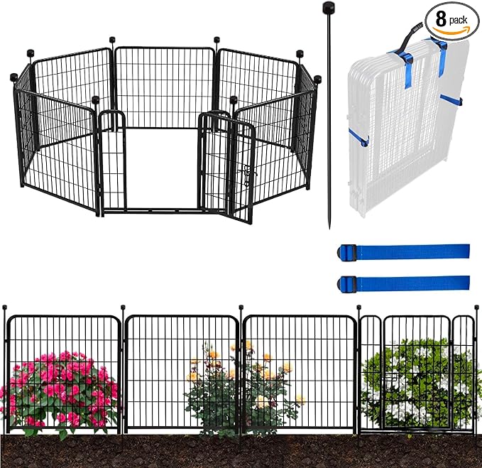 ADAVIN 32 in(H) Garden Fence with Low Threshold Gate, 8 Panels Total 17.7 Ft(L) Tall Garden Fencing for Raised Beds, Outdoor or Indoor Dog Playpen, Black Iron Metal Heavy Duty Dog Fencing