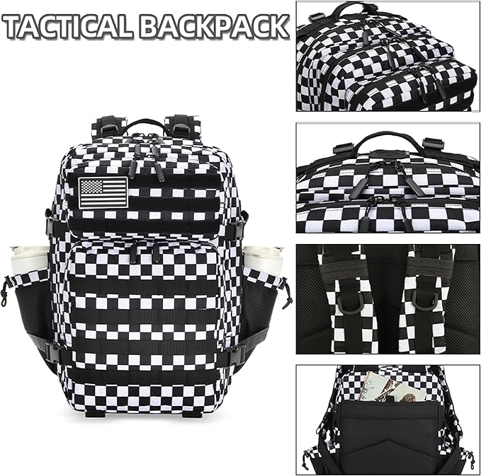 45L Tactical Assault Backpack 3 day assault pack with Molle Waterproof backpack Rucksack for Tactical Backpacks (Black and white check)