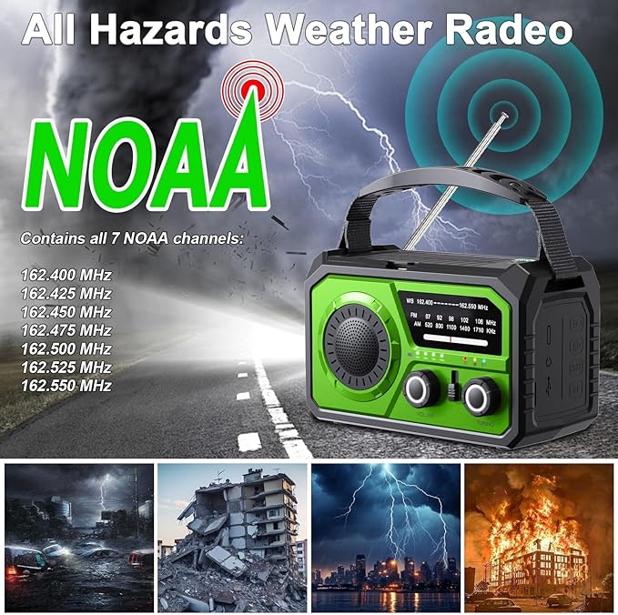 16000mAh Hand Crank Emergency Weather Radio with Wireless Speaker, 59200mWh NOAA AM FM Solar Radio with Flashlight Cell Phone Charger Reading Lamp Compass SOS for Camping and Survival (Light Green)