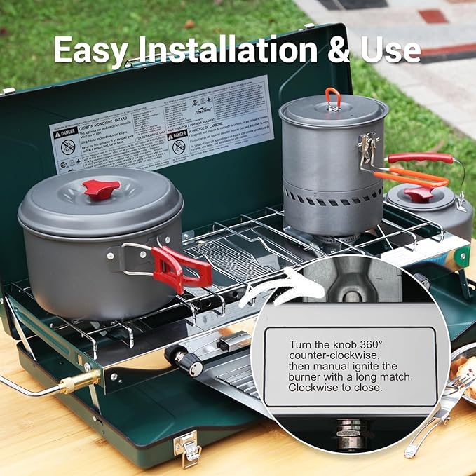 Camping Stove, 3 Burners Propane Portable Camp Stove with Regulator, Push-Button Instant Ignition, Adjustable Burners & Wind Guards for Car BBQ Picnics Outdoor Cooking (GREEN-20400 BTUs)