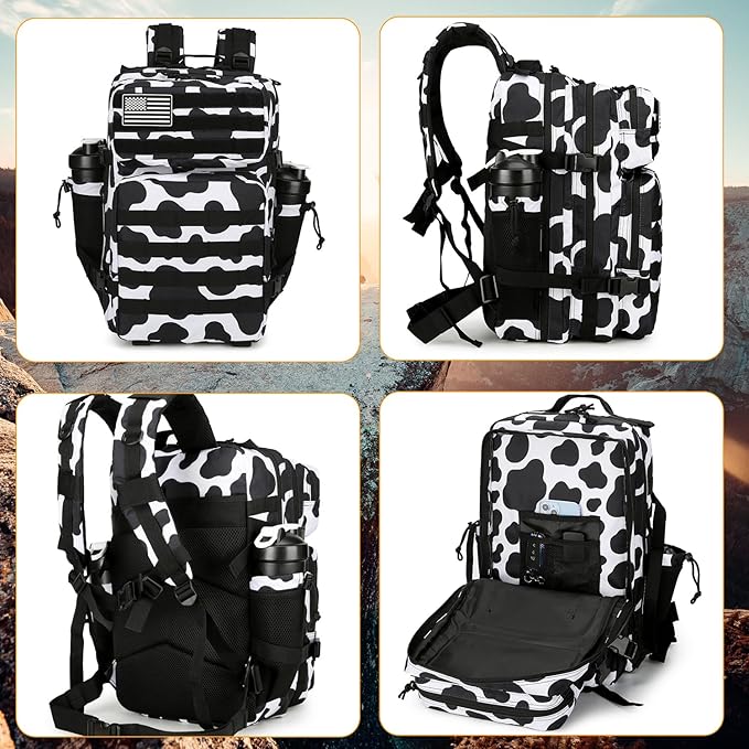 25L Tactical Backpack Military Tactical Backpack for Men and Women Small Assault Pack Outdoor Travel Hiking Camping Rucksack with Molle Webbing (Cow Print)