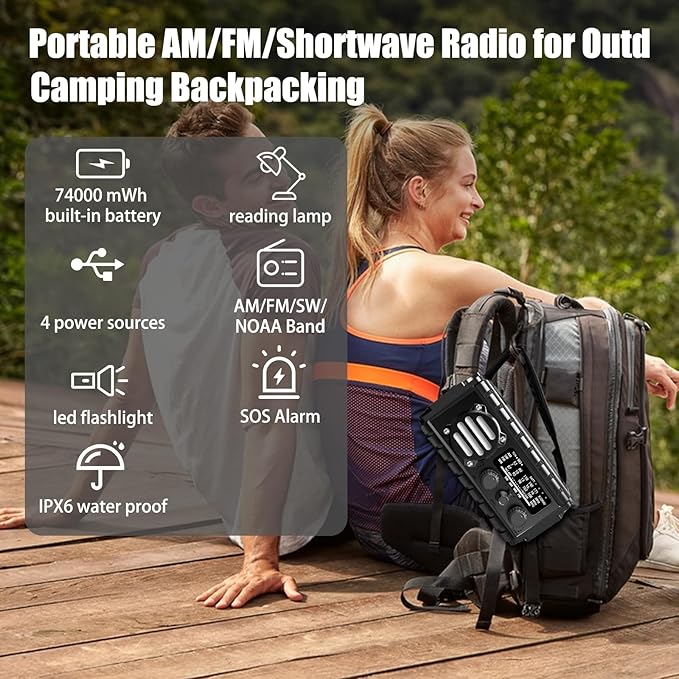 20000mah Hand Crank Emergency Radio,SW/NOAA/AM/FM Weather Radio, Solar Powered Hand Crank Chager with Bige Batery Powered,Portable,Cellphone Charge,SOS,Flashlight for Emergency/Home (Black)
