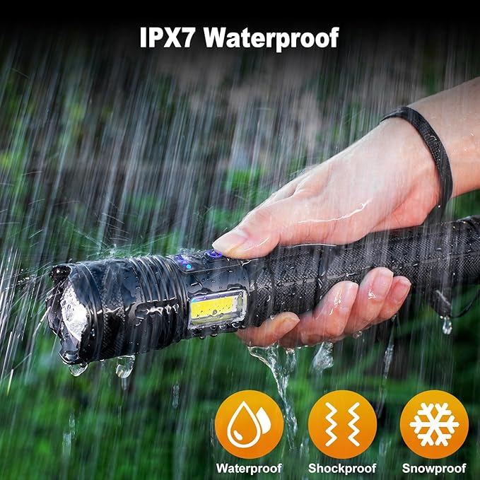Rechargeable Flashlights 90000 High Lumen, 10000 ɱAh ΒATTERY LED Flashlight with Cob-Light for Home, Super Bright Flash Light 7 Modes, IPX7 Waterproof for Outdoor Camping