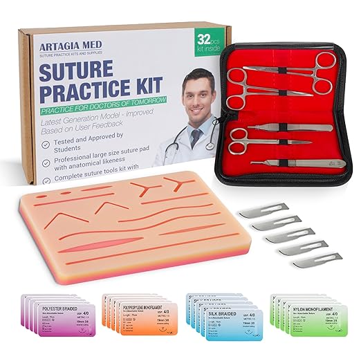 Suture Practice Kit for Medical Students | 32-Piece Complete Set with Large Suturing Pad, 5-Piece Tool Kit, Pre-Cut Wounds & Multi-Type Suture Threads | Ideal for Training & Demonstration