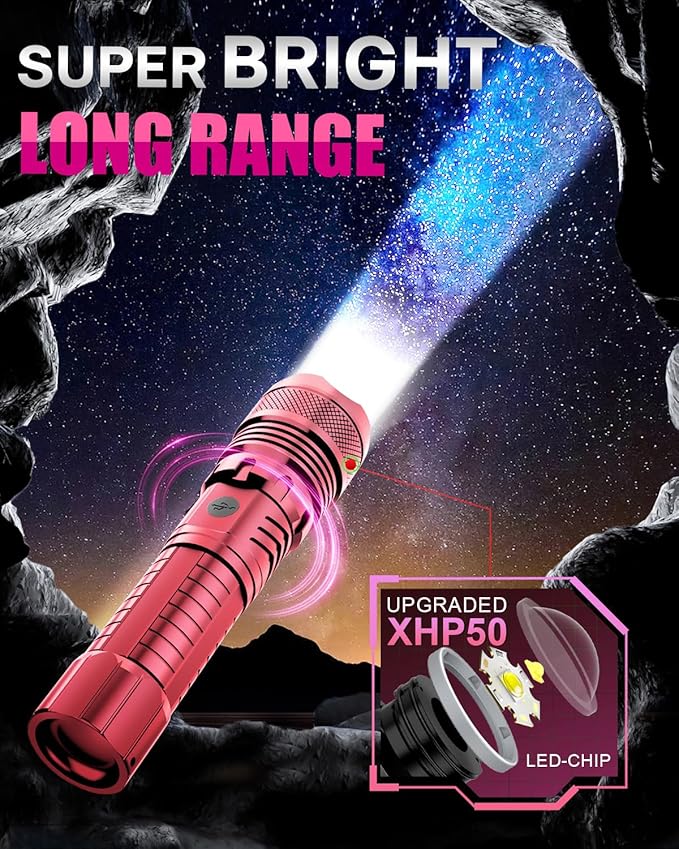 Victoper Pink LED Flashlights, High Powered High Lumens Super Bright Tactical Flashlight, Rechargeable, 5 Modes Zoomable Waterproof Flash Lights for Emergency, Home, Camping, Hiking