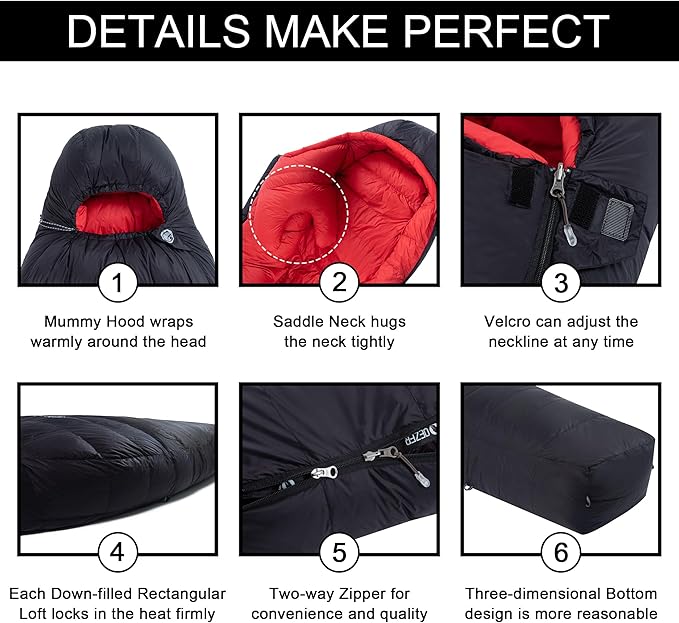 0 Degree Sleeping Bag for Adults - 660 Fill Power Down Bag for Cold Weather -20F / -8F / 0F / 10F Large Lightweight
