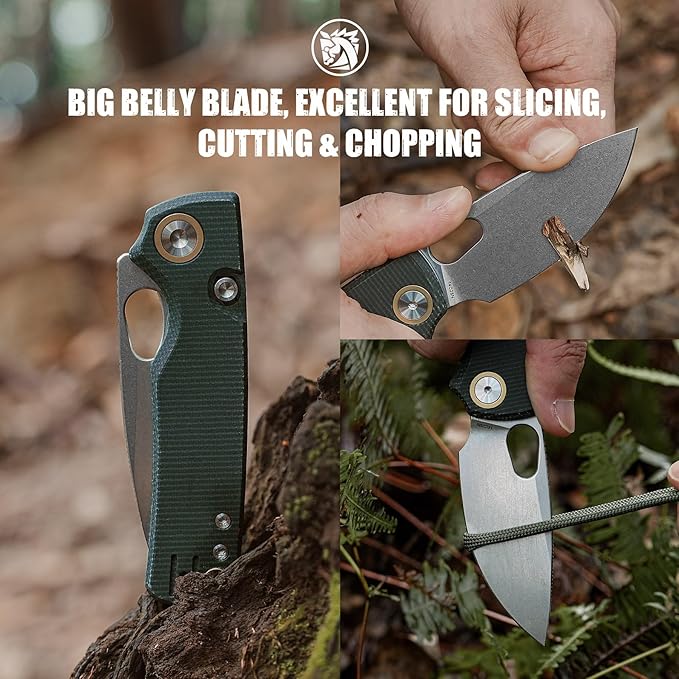 Vosteed EDC Knife, 2.99" 14C28N Steel Wider Blade, Green Micarta Handle Top Liner Lock, Folding Pocket Knives with Clip for Men & Women, Survival Camping - Porcupine A2603