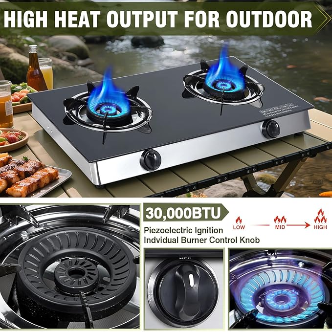 2 Burner Propane Gas Cooktop, Portable Tempered Glass Double Burner Stove with Auto Ignition, 19,000 BTU, CSA Certified Regulator & Hose, Outdoor Camping RV BBQ Kitchen LPG Gas Stove