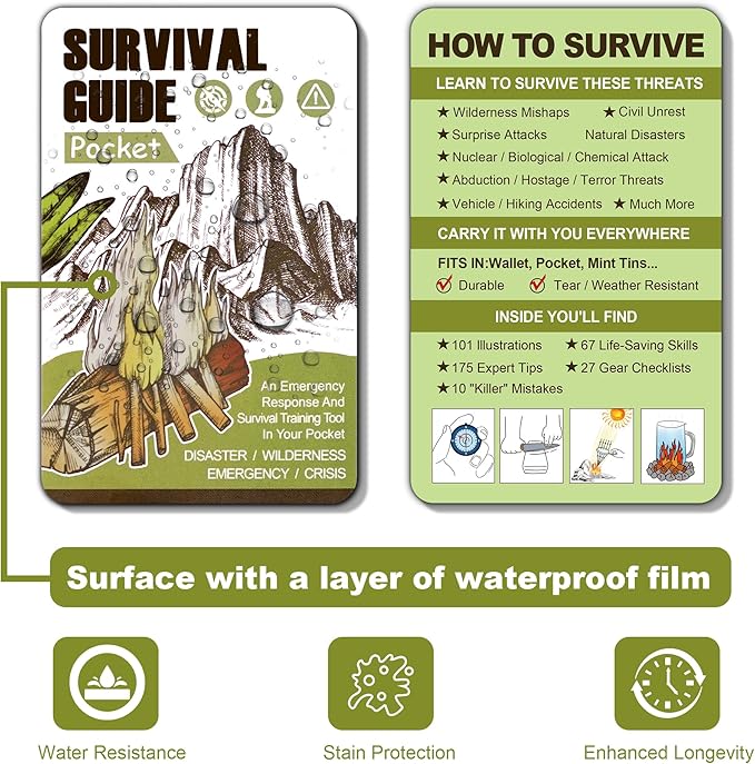 Tiny Pocket Survival Guide EDC Survival Kits Military Grade for Field Emergency, First Aid, Disaster, and Rural Urban Preparedness