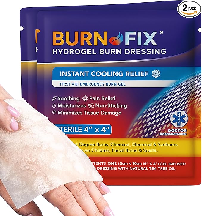 BurnFix Hydrogel Burn Dressings 2-Pack β 4Γ4β³ Sterile Gel-Infused Foam Patches for 1st & 2nd Degree Burns, Sunburns & Scalds | Instant Cooling Relief & Fast-Healing Non-Stick First Aid Essential (2)
