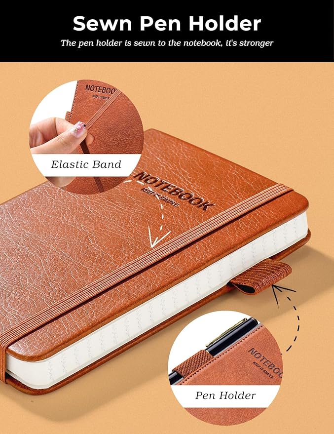 AISBUGUR Pocket Notebook Small Notebook 2-Pack, 3.5" x 5.5" Pocket Notebooks Hardcover with Thick Lined Paper, Inner Pockets, Cover Letter Embossing Design Mini Journal Notepad 1Brown 1Blue Leather