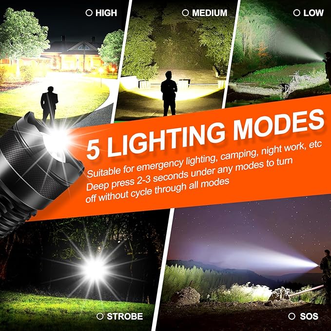 Rechargeable Flashlight High Lumen, Camping Essential Tactical Flash Light with 5 Modes, Adjustable Focus, LED Super Bright 150,000 Lumens Powerful Flashlight Rechargeable for Home & Emergencies
