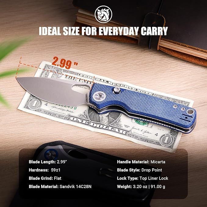 Vosteed Porcupine EDC Pocket Knife, Lightweight Folding knife - 2.99" 14C28N Steel Blade, Thumb hole, Blue Micarta Handle Top Liner Lock Knives for Camping Survival - A2605