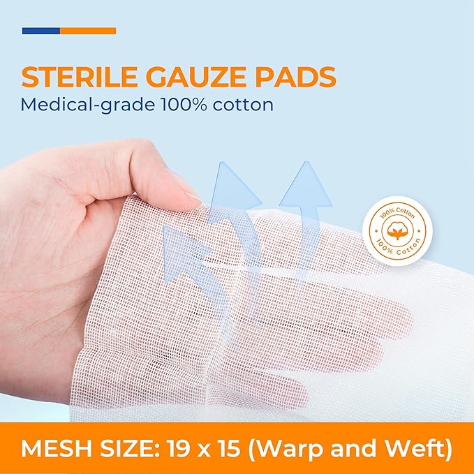 100 Pack Sterile Gauze Pads 3x3 Inch 12-Ply, 100% Cotton Large Gauze Sponges for Wound Care, Highly Absorbent Bulk Hospital-Grade First Aid & Surgical Dressing