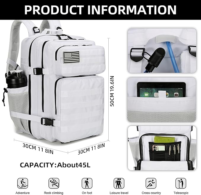 45L Tactical Assault Backpack 3 day assault pack with Molle Waterproof backpack Rucksack for Tactical Backpacks (White)
