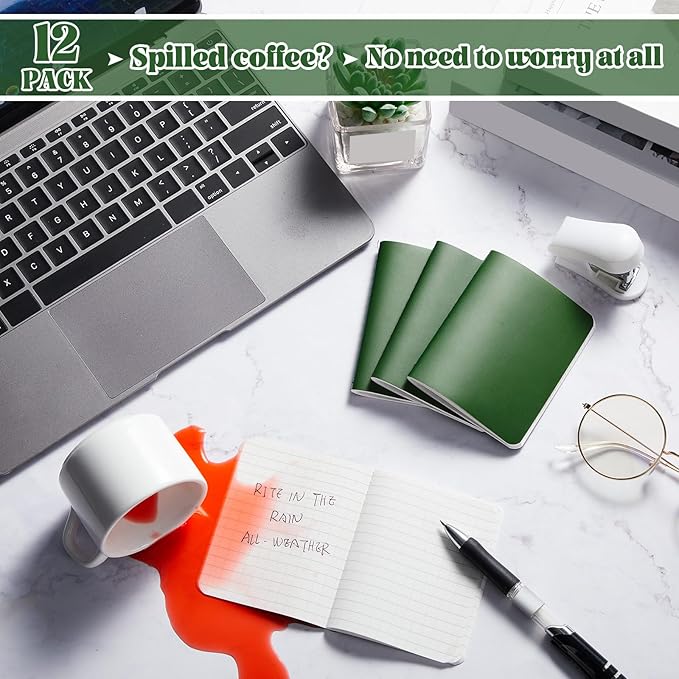 12 Pcs Waterproof Pocket Notebook 3.2" x 4" Field Notebook Green All Weather Notepad Small Rain Waterproof Notepad for Memo Travel Outdoor Tactical Activities Write, 32 Sheet, 64 Page